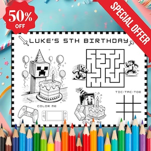Gamer Party Placemat,Gamer Party Placemat,Birthday Coloring Sheet,Fun Activity Sheet For Kids Party Template,Party Favor