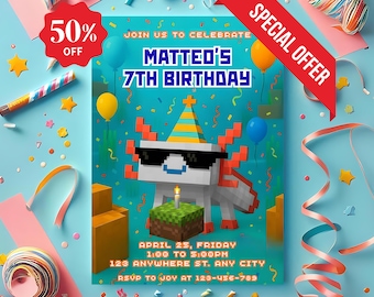 Axolotl Birthday Invitation: Gamer Boy Party, Editable Template (Digital Download)
