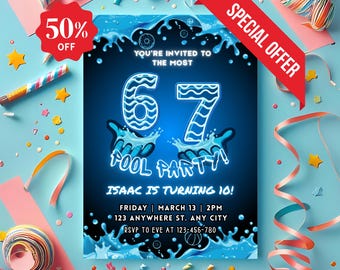 Pool party birthday invitation, six seven pool party, six seven pool invite (Canva Editable Template Digital Download)