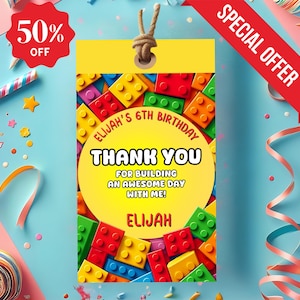 Etichette di ringraziamento, etichette di ringraziamento con blocchi, etichette di ringraziamento con blocchi da costruzione, etichette di ringraziamento per compleanno, etichette di ringraziamento per feste, modello per bomboniere, canva
