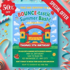 Bounce house birthday invitation, bounce house birthday invite summer, bounce house invite, inflatable birthday invitation, boy party favors