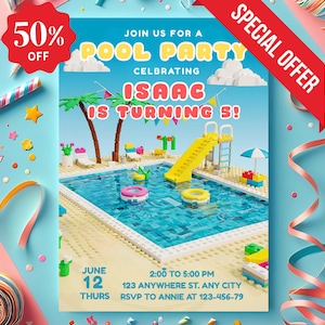 Building Blocks Pool Party Invitation: Editable Birthday Template (Digital Download)