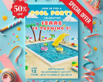 Building Blocks Pool Party Invitation: Editable Birthday Template (Digital Download)