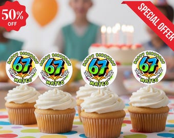Décoration pour cupcakes 67 anniversaires, modèle modifiable (PDF imprimable)