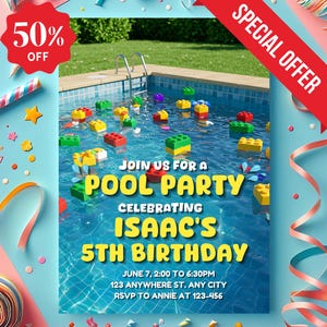 Building Blocks Pool Party Invitation: Editable Birthday Template (Digital Download)