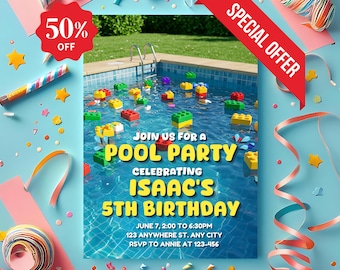 Building Blocks Pool Party Invitation: Editable Birthday Template (Digital Download)