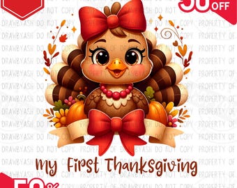 May include: A cartoon turkey illustration with a red bow, necklace, and the text "My First Thanksgiving." The image includes pumpkins and fall foliage, with a "50% OFF" banner. The turkey has large eyes and a cheerful expression.