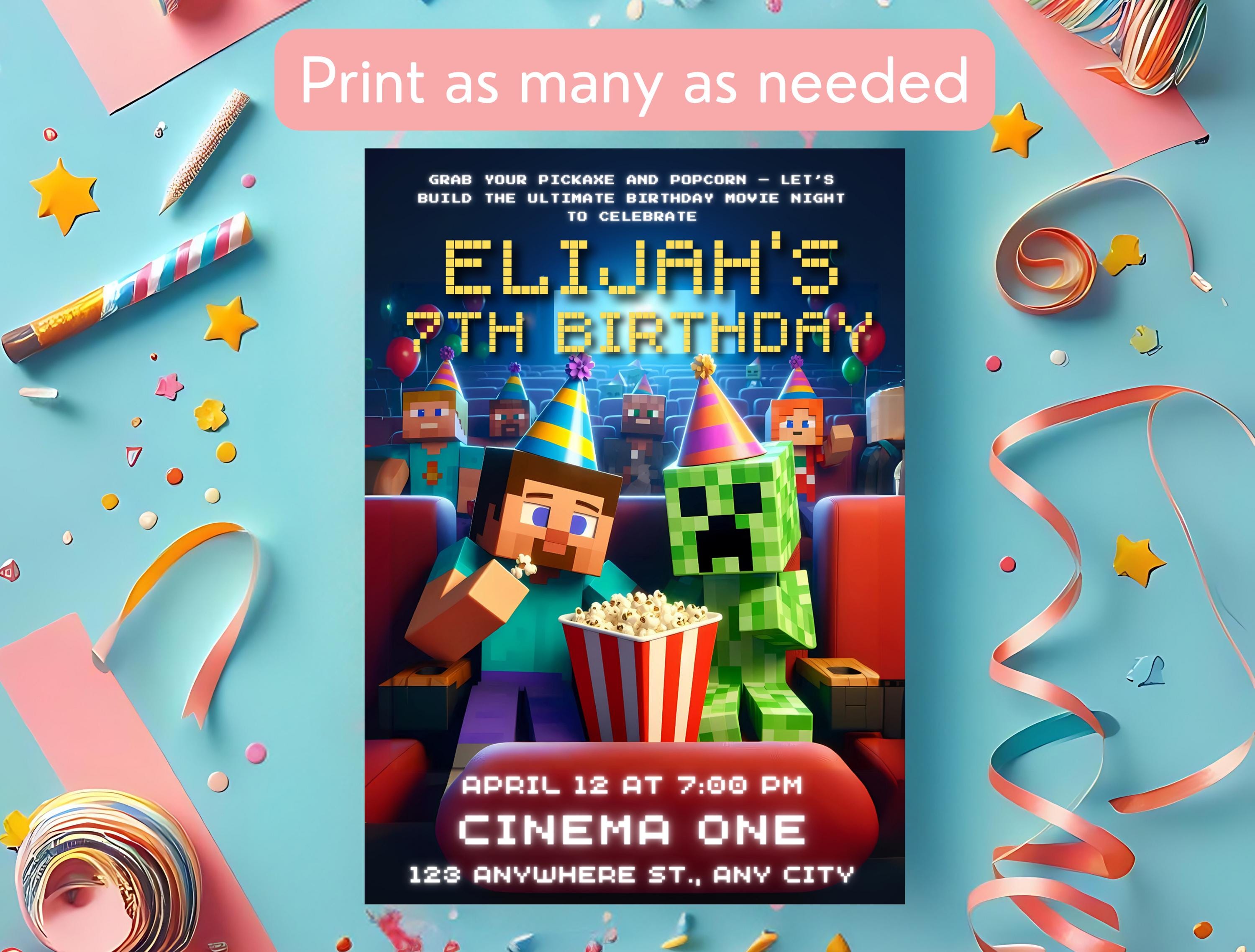 Minecraft Movie Theater Ticket Invite – Editable Canva