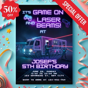 Laser-Tag und Videospiel LKW-Einladung, Laser-Tag-Einladung, Videospiel-Truck-Einladungsvorlage, Geburtstagseinladungen für Jungen