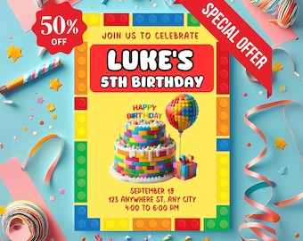 Invitación de cumpleaños con temática de bloques de construcción: Fiesta infantil con bloques, plantilla editable (descarga digital instantánea)