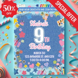 DIY Denim Jacket Party Invitation,Denim & DIY Birthday Invite,Girls Craft Party Editable Template, Denim Birthday Party, Denim Party Kids