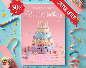 Building Blocks Birthday Invitation Girl: Editable Block Party Pink Invite (Digital Download)
