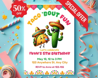 Taco 'bout Party Birthday Invitation: Fiesta Party, Cactus Design (Digital Download, 5x7 in)