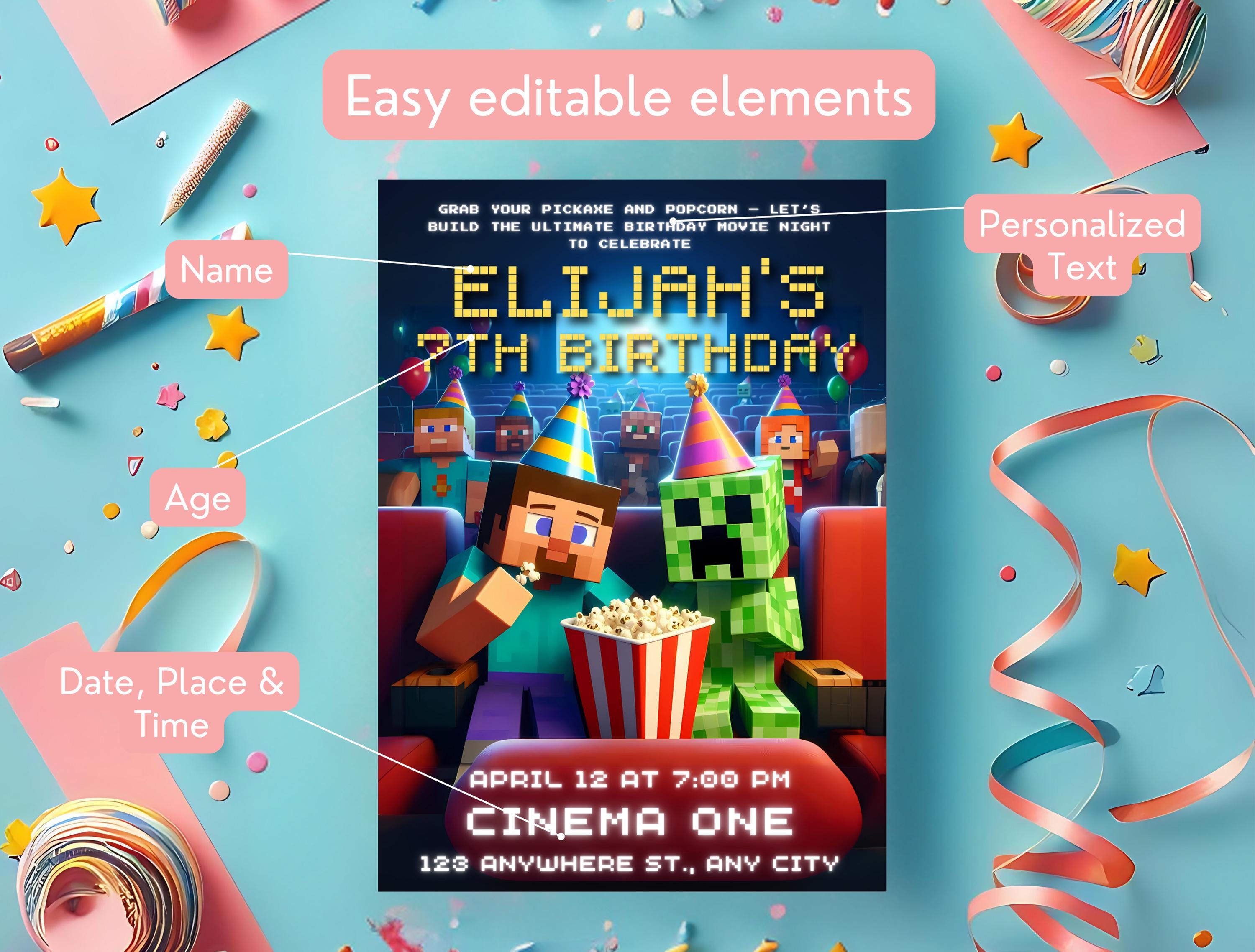 Minecraft Movie Theater Ticket Invite – Editable Canva