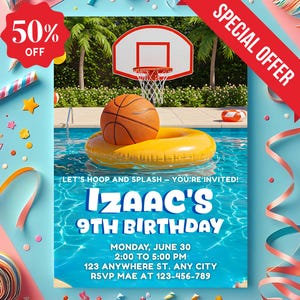 Invitation à une fête d'anniversaire de basket-ball, invitation d'anniversaire à la piscine de basket-ball, modèle d'invitation à une fête d'anniversaire de basket-ball, fête de basket-ball à la piscine