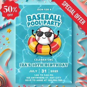 Baseball Pool Party Invitation,Baseball pool birthday invitation,sports baseball party, Baseball pool party template, party favors for boys