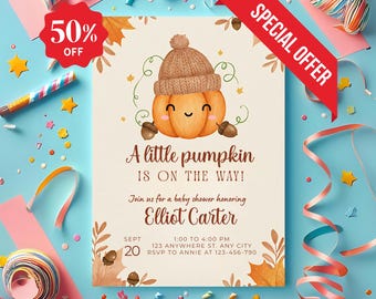 Pumpkin Baby Shower Invitation: Editable Canva Template (Digital Download)