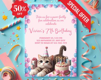 Pink Tabby Cat Birthday Invitation: Cat-Themed Party (Digital Download)