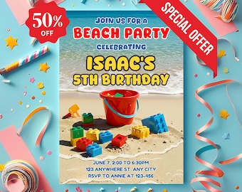 Building Blocks Beach Birthday Invitation: Editable Canva Template (Digital Download)