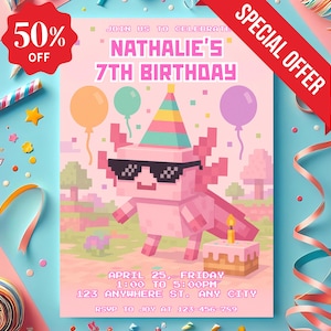 Convite de aniversário inspirado em axolote, modelo de convite de aniversário inspirado em axolote, convite de aniversário para menina
