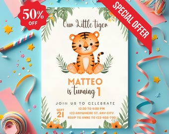 Tiger Birthday Invitation: Editable Jungle Party Invite (5x7 in, Canva Template, Instant Download)