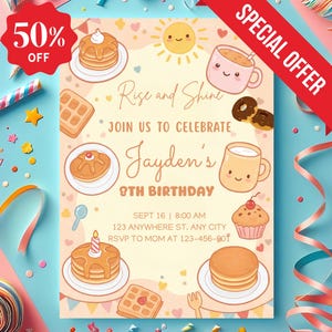 Breakfast Birthday Invitation: Editable Canva Template (5x7 in, Digital Download