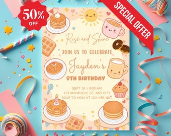 Breakfast Birthday Invitation: Editable Canva Template (5x7 in, Digital Download)