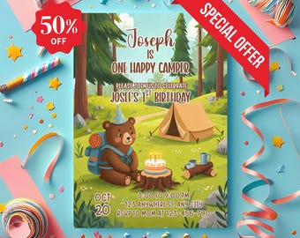 Happy Camper 1st Birthday Invitation: Rustic Woodland Theme (Canva Template)