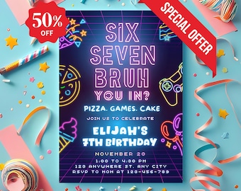 67 Neon Birthday Meme Invitation: Editable Canva Template (Digital Download)