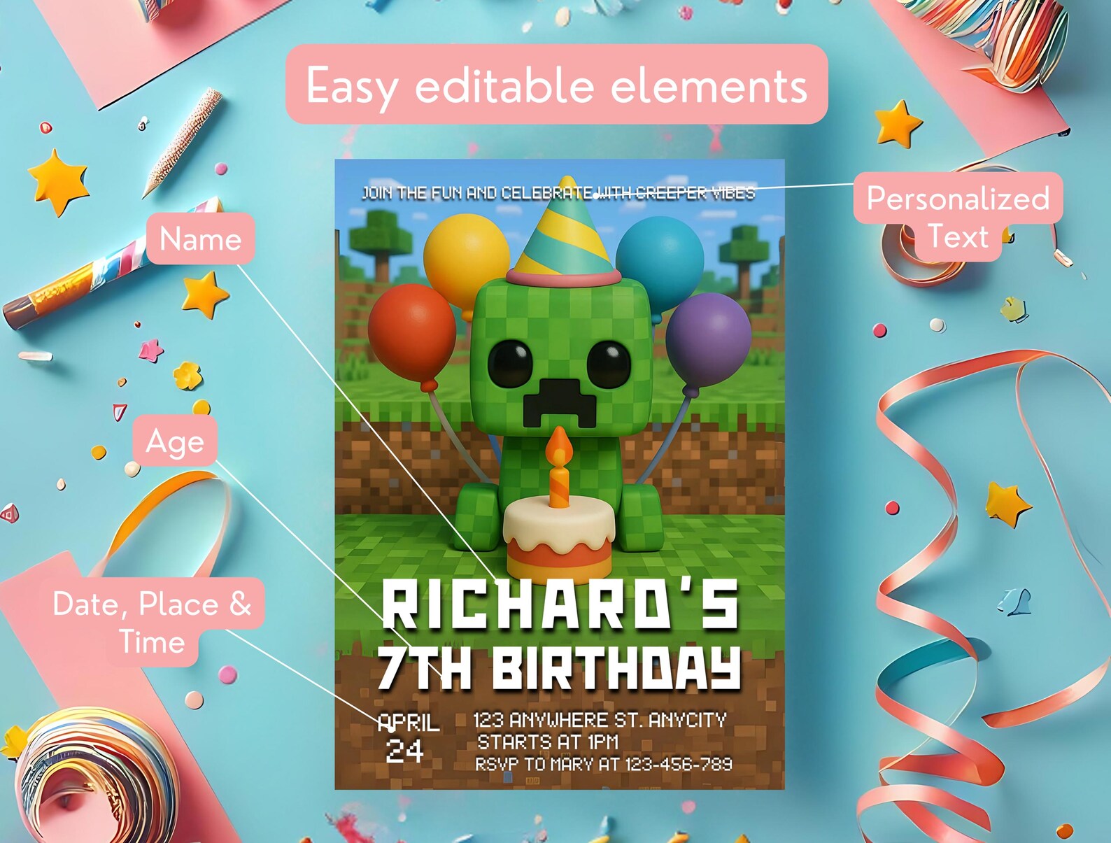 Creeper-Inspired Printable Minecraft Invite – PDF Download