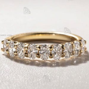Oval Cut Moissanite U-Prong Half Eternity Wedding Band – 14K Solid Yellow Gold Stackable Matching Band, Stacking Ring Gift for Her