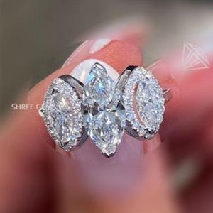 Three Stone Marquise Cut Moissanite Engagement Ring, 14K White Gold Marquise Halo Diamond Ring, Solitaire Wedding Proposal Ring