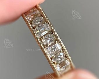 Vintage Style 14K Yellow Gold Diamond Wedding Band, Emerald & Pear Cut Moissanite Half Eternity Milgrain Pave Ring, Anniversary Gift for Her