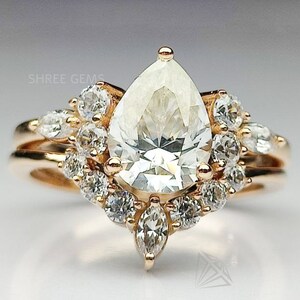 2CT Pear Cut Moissanite Bridal Ring Set, 14K Rose Gold Engagement Ring Set, Anniversary Gift for Her, Wedding Curve Band