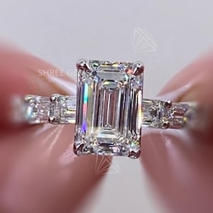 4CT Emerald Cut Moissanite Engagement Ring, 14K White Gold Emerald Wedding Ring, U Shape Prongs Ring, Perfect Proposal Anniversary Gift