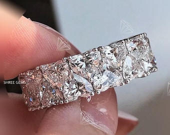 Unique 4.5MM Heart Cut Eternity Band – Double Row Full Eternity Wedding Ring, 14k Solid White Gold, Bridal Matching Band for Her
