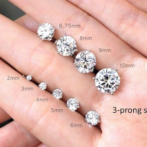 3 Prongs Solitaire Stud Earrings Minimal 2mm to Bigger 10mm Brilliant Cut Diamond Simulant Daily Earrings Bridal Earring