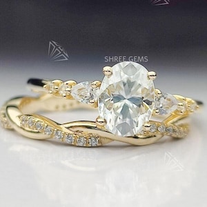 2CT Oval Moissanite Ring with Twisted Band, 18k Yellow Gold Engagement Ring, Crossover Wedding Band, Bridal Ring Set