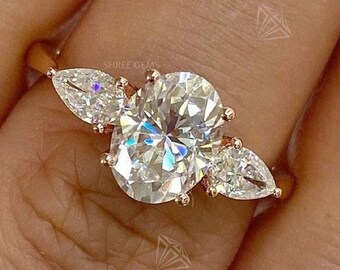 Oval Moissanite Engagement Ring, 14K Yellow Gold Pear Side Stones Weeding Ring