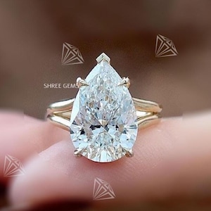 4.25 CT Pear Cut Moissanite Ring, 14K Solid Yellow Gold, 5-Claw Solitaire Engagement Ring, Split Band, Anniversary Gift For Her