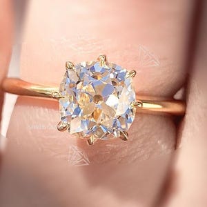 2CT Old Mine Cushion Cut Moissanite Ring: 14K Yellow Gold Crown Prong Solitaire