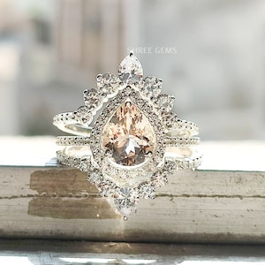 Pear Cut Peach Moissanite Ring Set | 14k Rose Gold Engagement & Anniversary Gift | Elegant Bridal Matching Rings