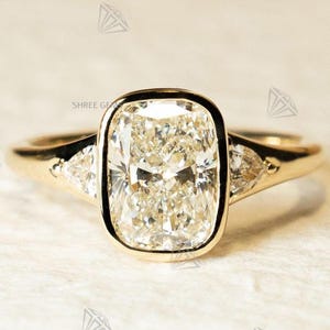 Perfect 2.41CT Cushion Moissanite Enagement Ring in 14K Yellow Gold, Three stone Elongated Cushion with Trillion Cut Side Stone Bridal Ring