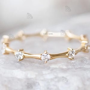Midden van de eeuw ronde briljantgeslepen volledige eeuwigheid trouwring | 14K gouden stapelbare trouwring | Bijpassend bandje bruidsring