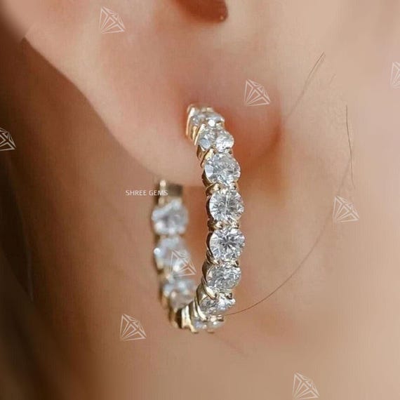 14Kゴールド インサイドアウト ラウンド ダイヤモンド フープピアス 
