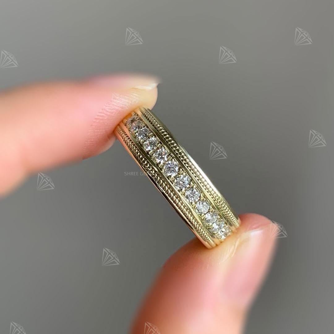 14K Yellow Gold Diamond Wedding Band, Half Eternity Milgrain Pave Ring, Stacking Matching Band, Anniversary Gift for Her