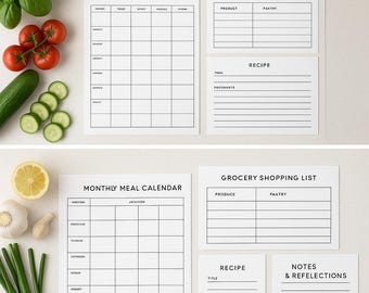 Puede incluir: Un paquete de planificador de comidas con el texto "MEAL PLANNER BUNDLE". El paquete incluye un planificador de comidas semanal, un calendario de comidas mensual, listas de compras, tarjetas de recetas y tarjetas de notas y reflexiones. Verduras frescas están dispuestas alrededor de los planificadores.