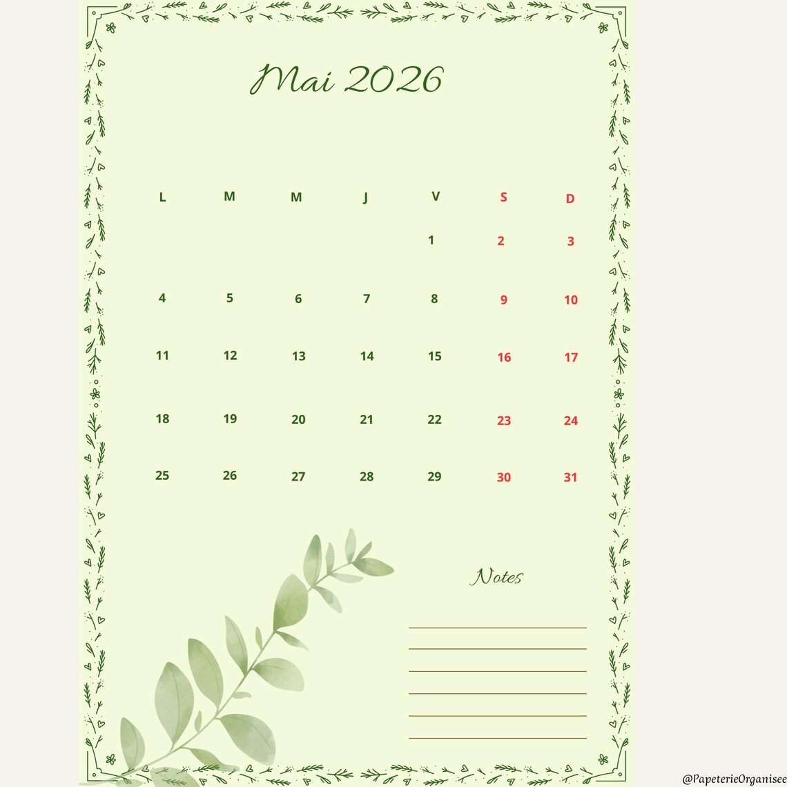 Calendario imprimible de mayo de 2026 – Calendario mensual vertical A4 ...