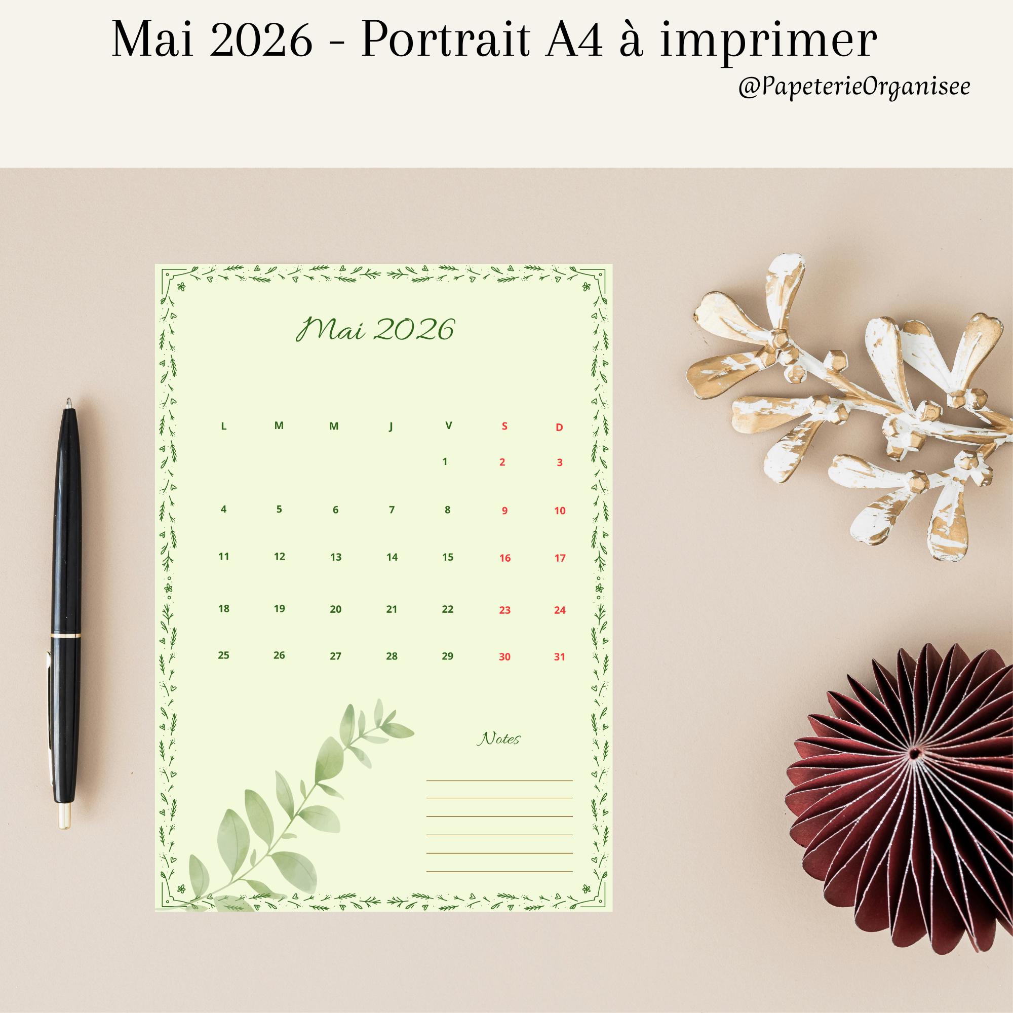Calendario imprimible de mayo de 2026 – Calendario mensual vertical A4 ...