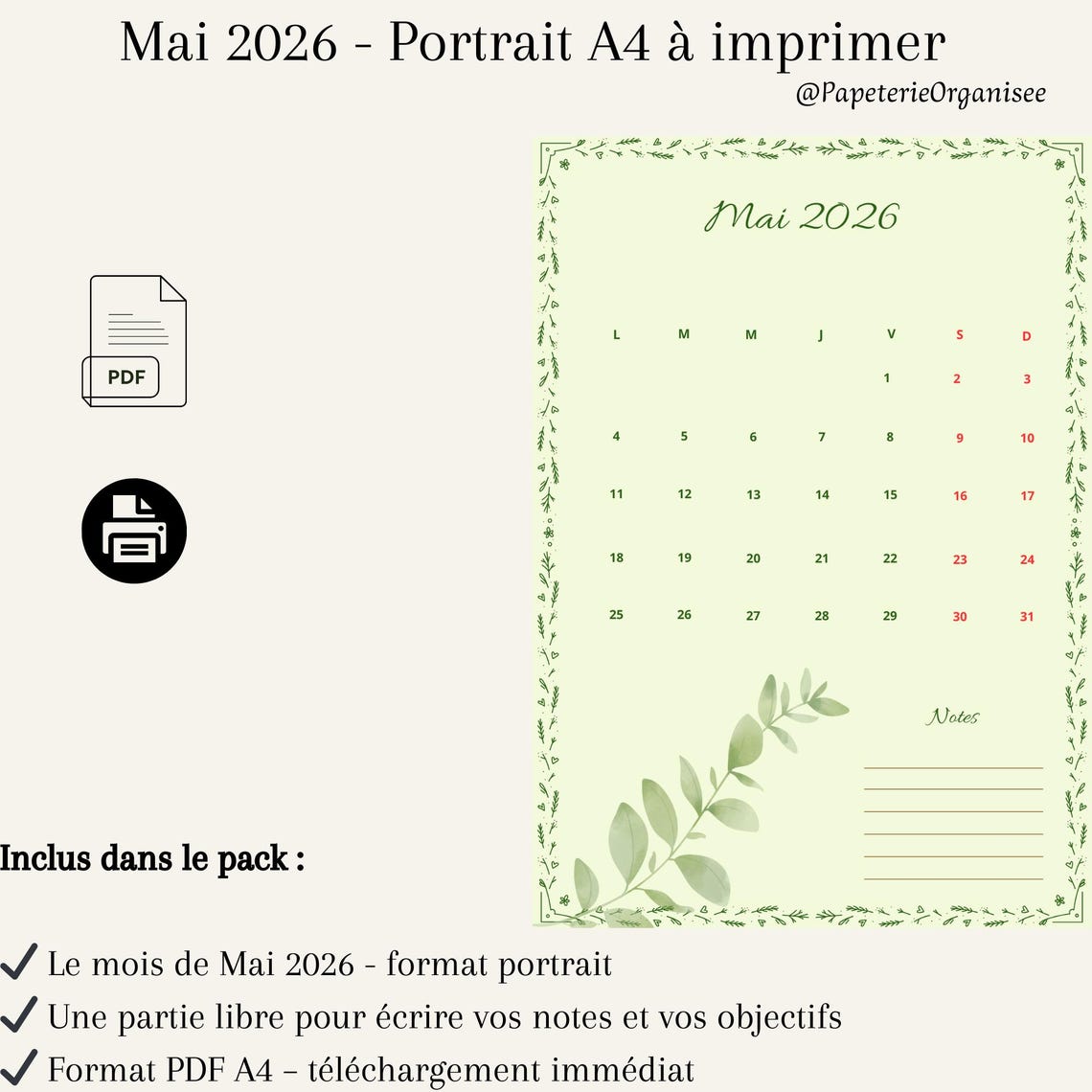 Calendario imprimible de mayo de 2026 – Calendario mensual vertical A4 ...